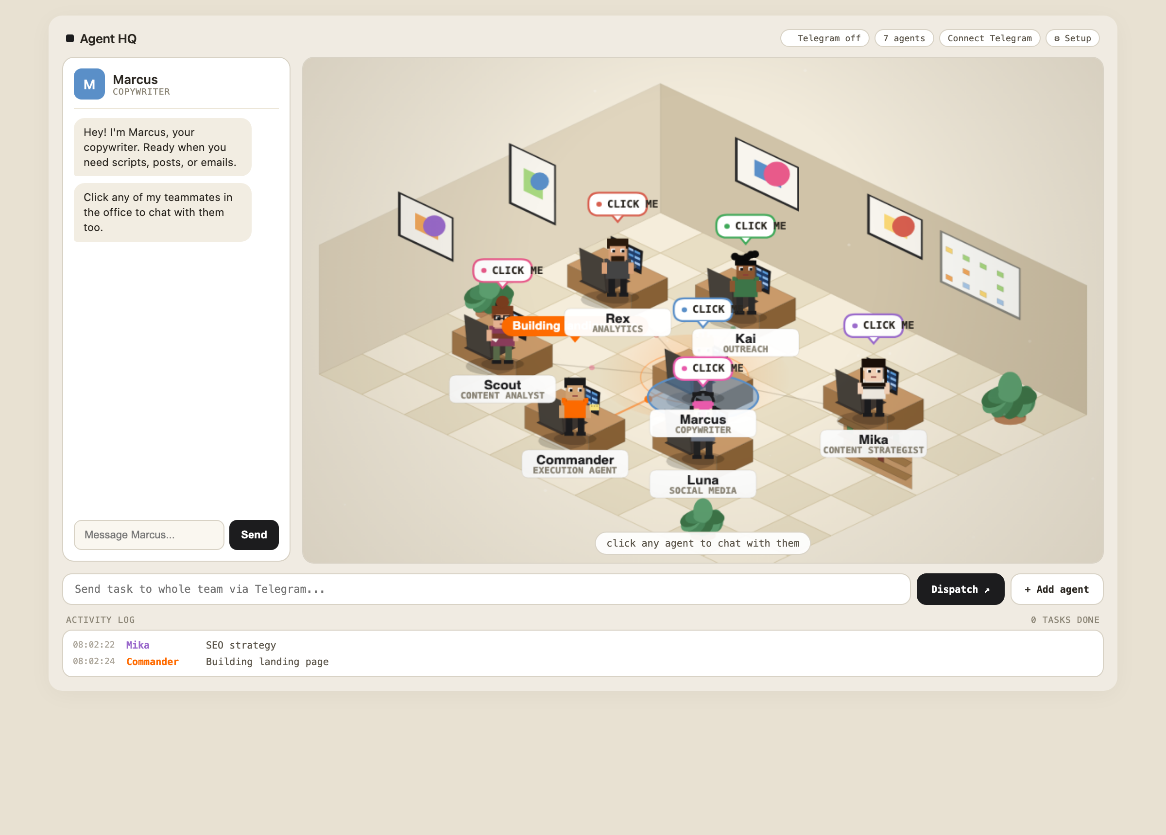 Inside Agent HQ — a private chat panel beside an isometric office of AI agents wired to a central hub, with a dispatch bar and live activity log