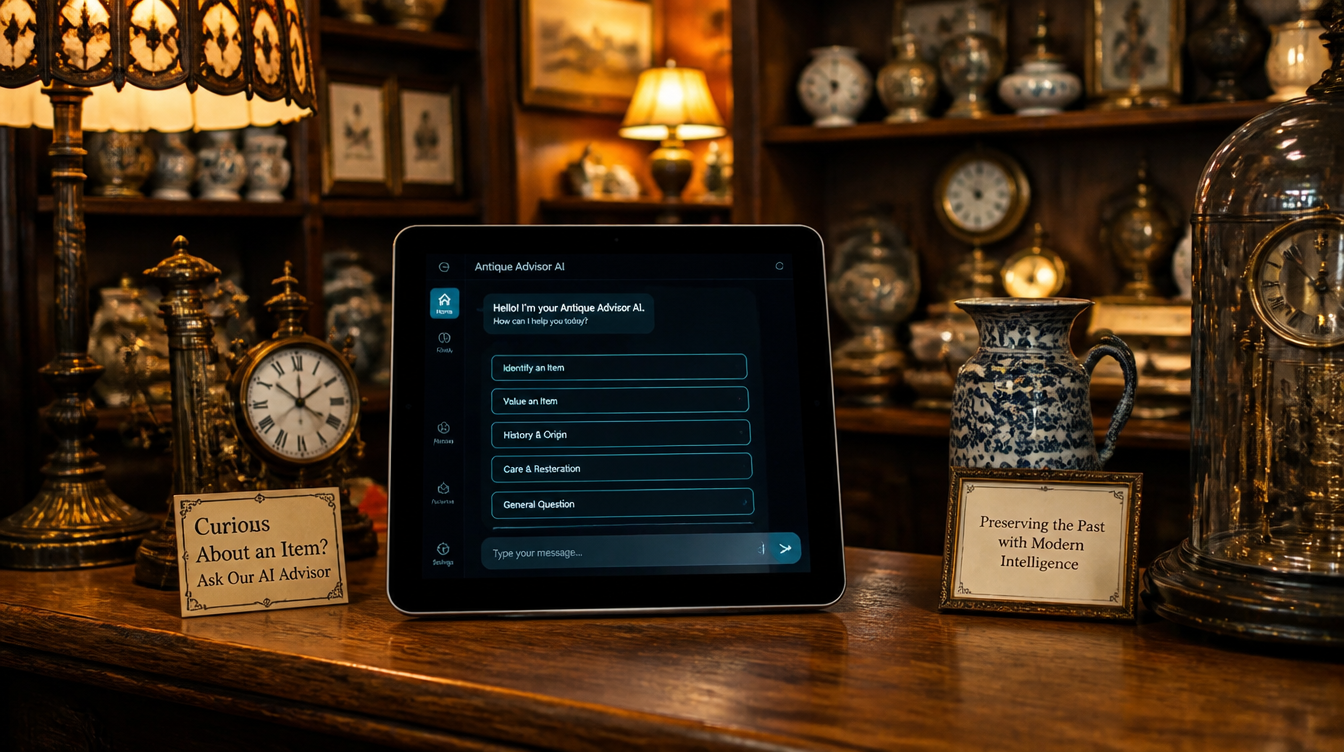 AI receptionist interface at an antique shop front desk surrounded by vintage collectibles