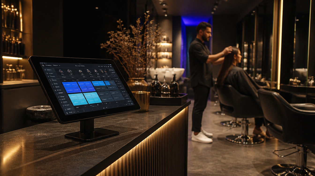 AI receptionist system for hair salons showing automated booking dashboard and filled appointment calendar — Leadra.io