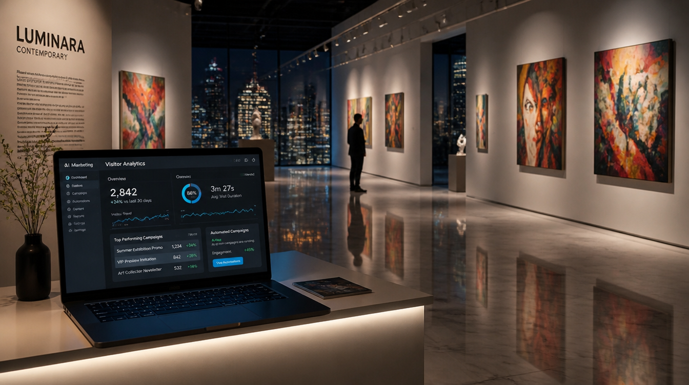 Art gallery marketing automation dashboard on modern reception desk with blue analytics visualizations