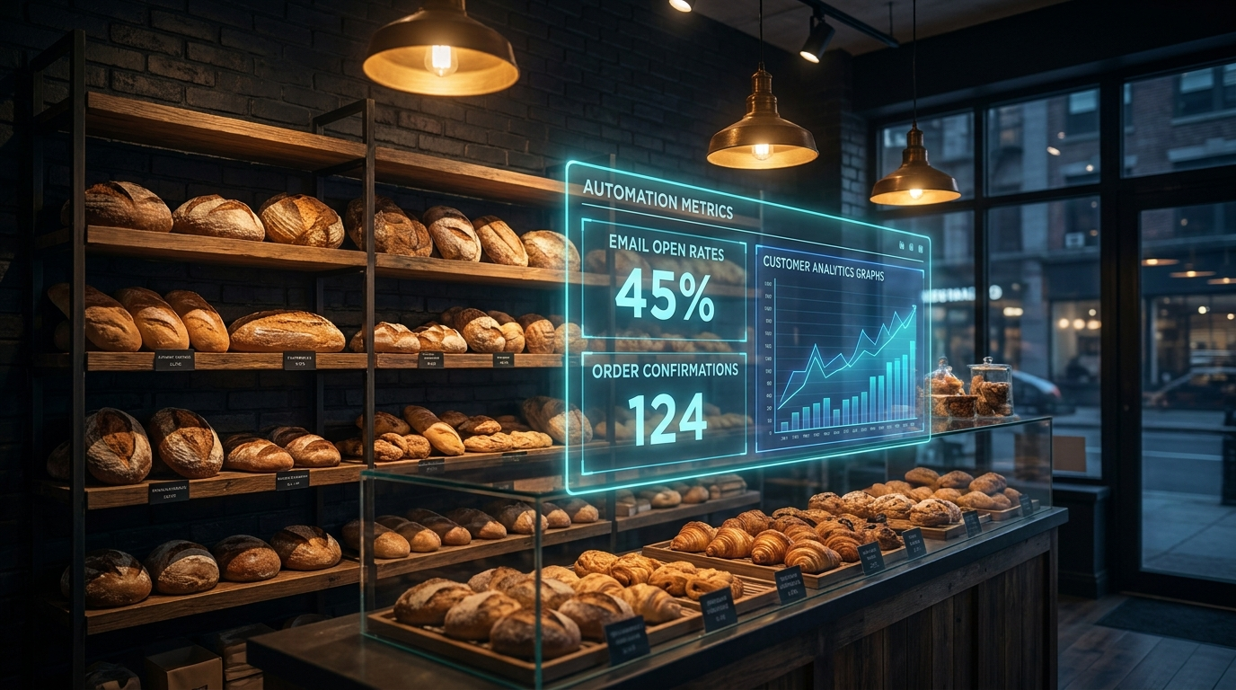 Bakery interior with warm golden lighting and cyan digital marketing automation dashboard overlay showing order confirmations and customer analytics