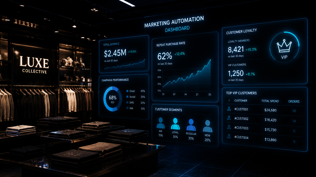 Upscale boutique clothing store interior with blue digital customer retention automation dashboard showing loyalty metrics and repeat purchase data
